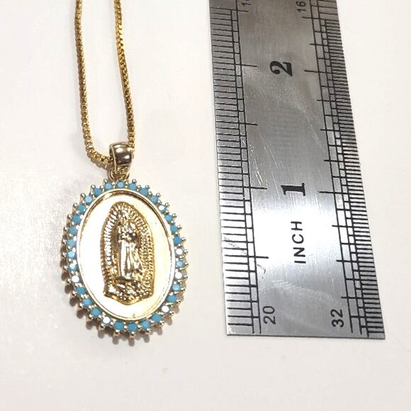18k Gold Plated Necklace Virgin Mother Mary Cross turquoise Christian Gift NEW - Picture 1 of 7